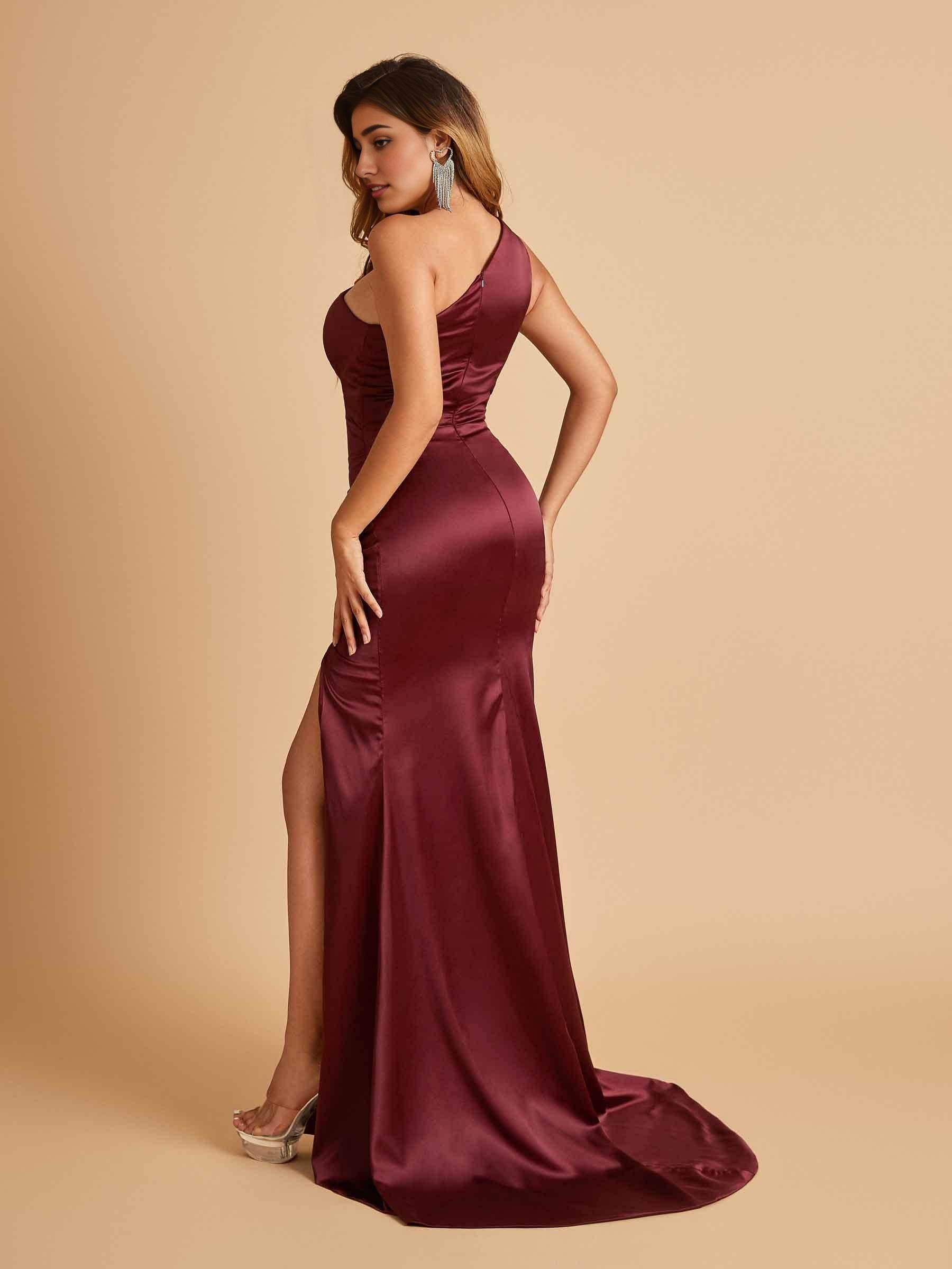 Sexy Satin Key Hole Prom Dresses One Shoulder Key Hole Floor Length Sheath